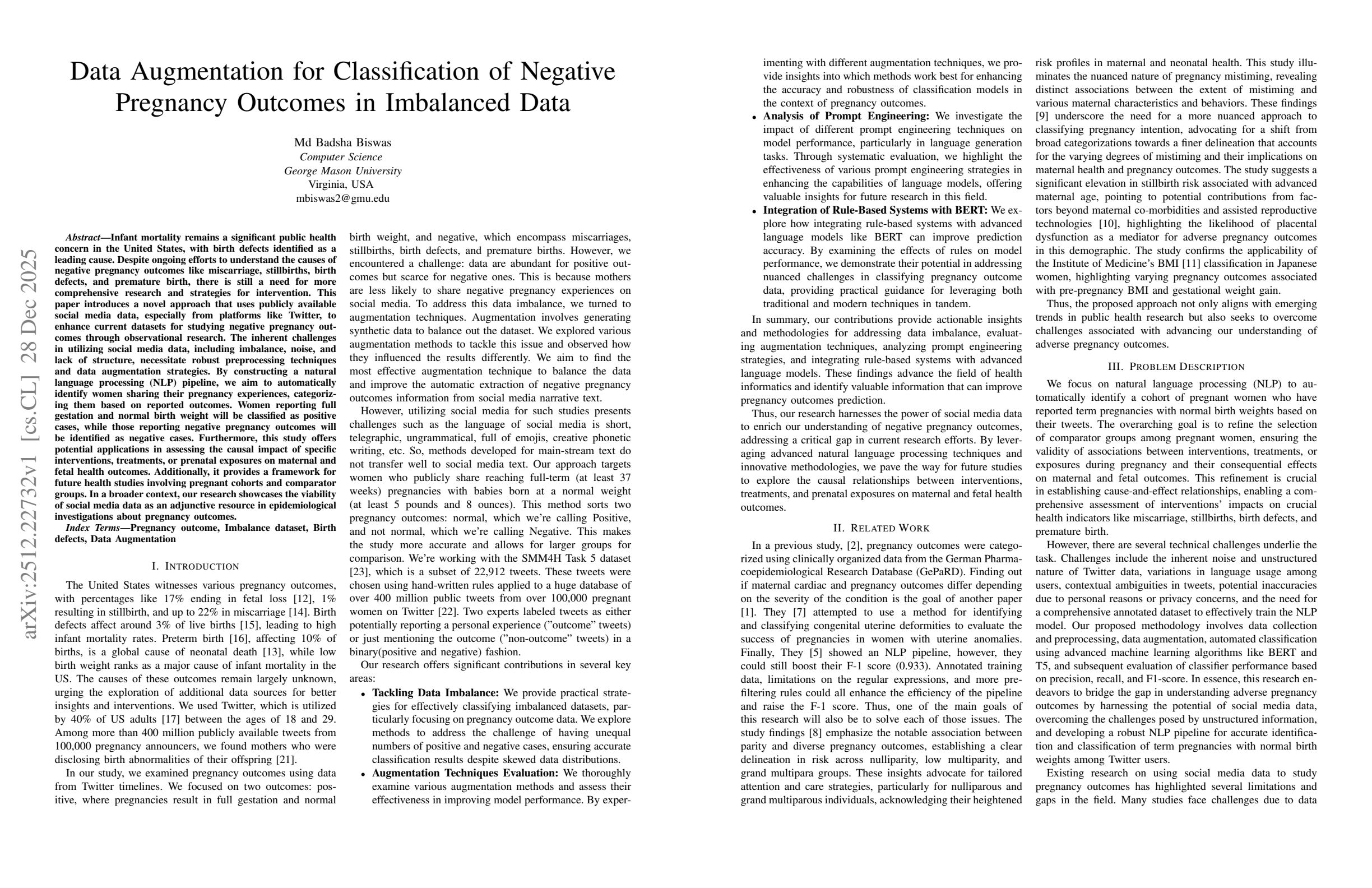 Data Augmentation for Classification of Negative Pregnancy Outcomes in  Imbalanced Data