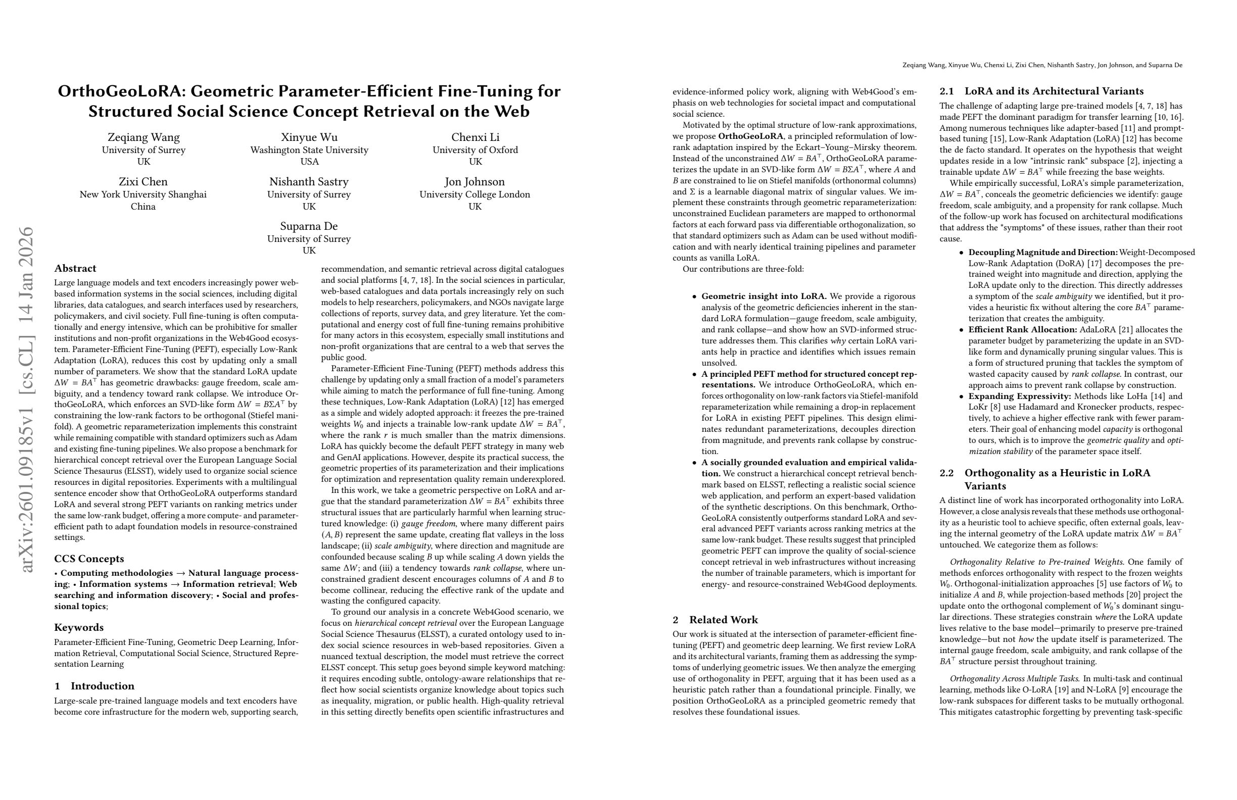 OrthoGeoLoRA: Geometric Parameter-Efficient Fine-Tuning for Structured  Social Science Concept Retrieval on theWeb